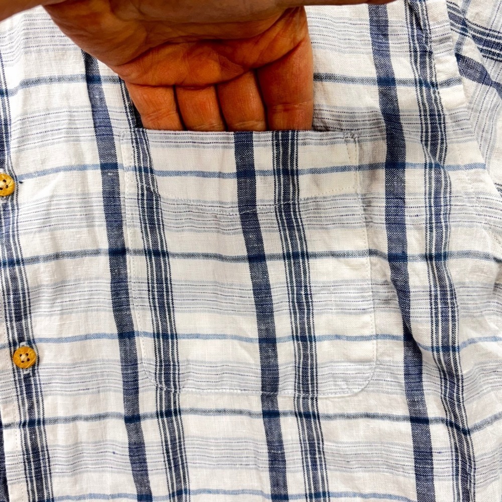 Jos A Bank Shirt Mens L Blue White Plaid Short Sleeve 100%‎ Linen Button Front - Picture 3 of 10